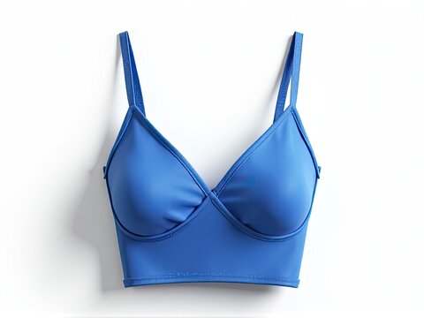 A blue bra top hung on a wall with no one around