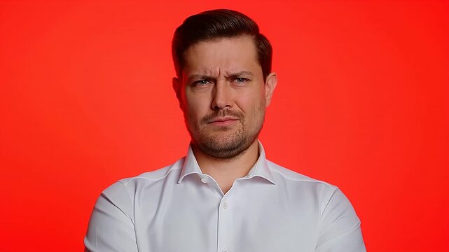 Man with unhappy and angry expression, displeasure, disappointment, frustration, upset, negative emotion.