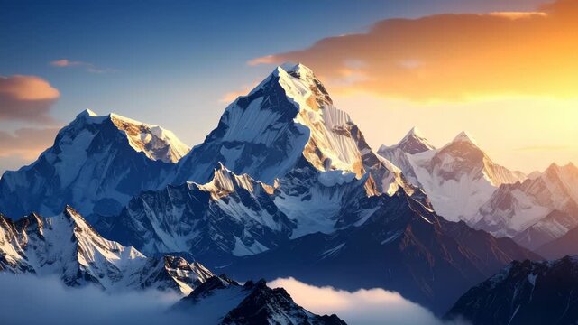 Breathtaking high altitude mountain range with snowcapped summits during a vibrant golden hour sunset