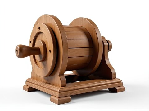 A wooden spool on a stand on a white background, perfect for photography and craft projects