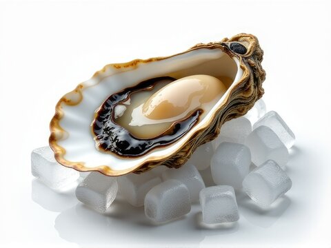 Fresh oyster served with ice cubes on a clean white surface, perfect for food styling and photography