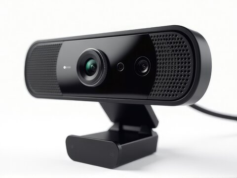 A black webcam sits atop a desk, ready for use