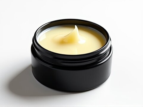 A jar of cream sitting on a table