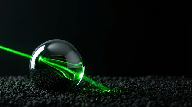 Green laser beam passing through a polished sphere on dark gravel