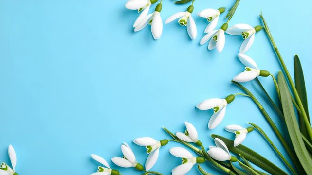 Spring white snowdrop flowers arranged in a decorative frame on a vibrant light blue background with copy space