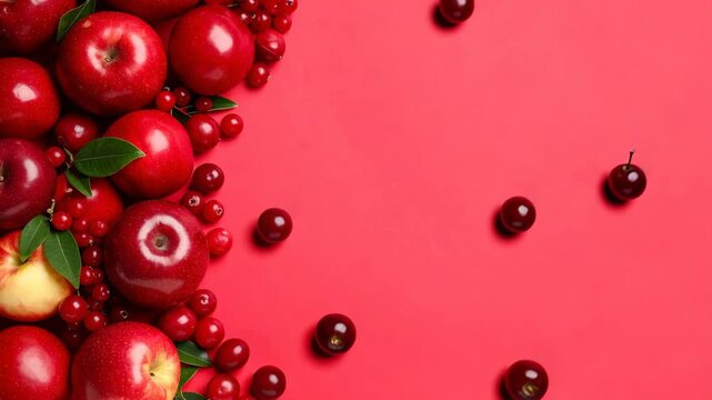 Fresh organic red apples with cranberries and cherries on a solid red background creating a decorative border