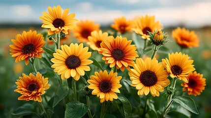 Fototapeta premium A cluster of vibrant sunflowers blooming in a field, with a backdrop of a blurred sky. Their radiant petals and dark centers create a stunning visual.