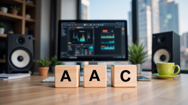 AAC Advanced Audio Coding file format shown as an audio compression theme for music streaming sound storage media conversion playback support and content management across audio workflow