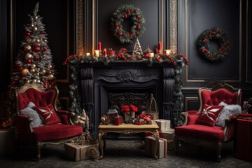 Naklejka premium Dark elegant room beautifully arranged for holiday celebrations, featuring a fireplace, tree, and festive decor