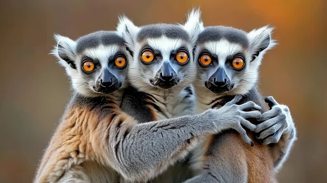 Three lemurs stand closely together in a natural setting, showing social behavior and interaction during the day