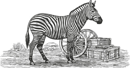 Fototapeta premium Vintage zebra standing near old wooden wagon wheels and rustic crates, detailed black and white engraving