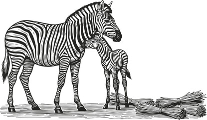 Fototapeta premium Mother zebra and foal standing together near dry grass bundles, black and white wildlife illustration