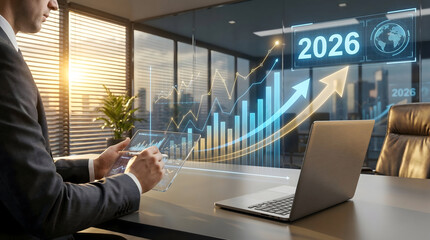 Fototapeta premium Businessman Analyzing 2026 Financial Growth Holographic Charts