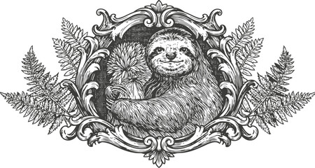 Fototapeta premium Ornate vintage frame with detailed sloth holding flower surrounded by tropical leaves and floral elements