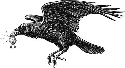 Fototapeta premium Detailed raven flying with an eyeball in its beak, ink drawing of a crow bird holding dripping eyeball