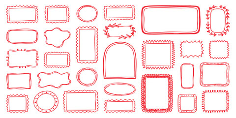 Red hand drawn doodle frames borders and decorative text boxes set vector illustration © GraphixEra
