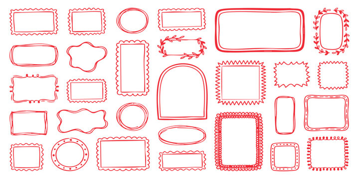Red hand drawn doodle frames borders and decorative text boxes set vector illustration