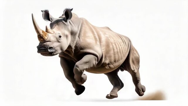 Powerful white rhinoceros charging fast on a plain white background with dust kicking up from its feet