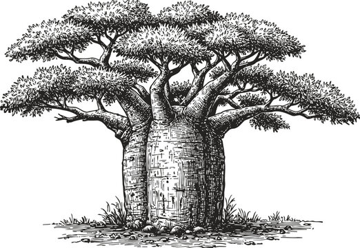 Detailed black and white illustration of a baobab tree with thick trunk and spreading branches