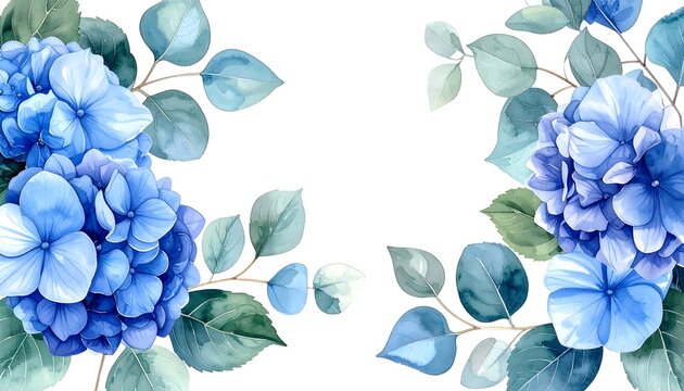 Watercolor blue hydrangeas and eucalyptus create a soft, elegant botanical corner border on white