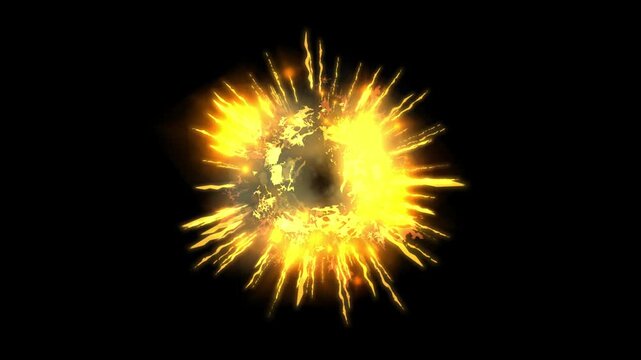 Explosion burst animation video. Fiery blast impact with bright spark particles and shockwave effect on black background