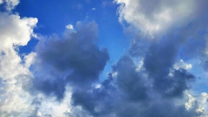 Fototapeta premium Background of bright clouds shrouded in dark evening clouds with blue sky. Blue sky with light white clouds illuminated by the sun in early spring
