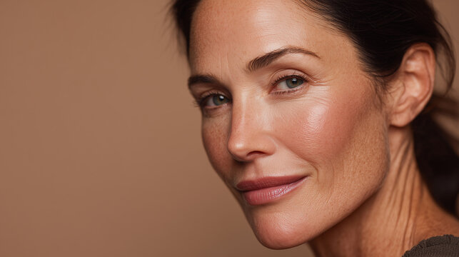 elegant woman in her late 40s portrait, mature beauty with natural skin texture, sophisticated female smiling on brown background