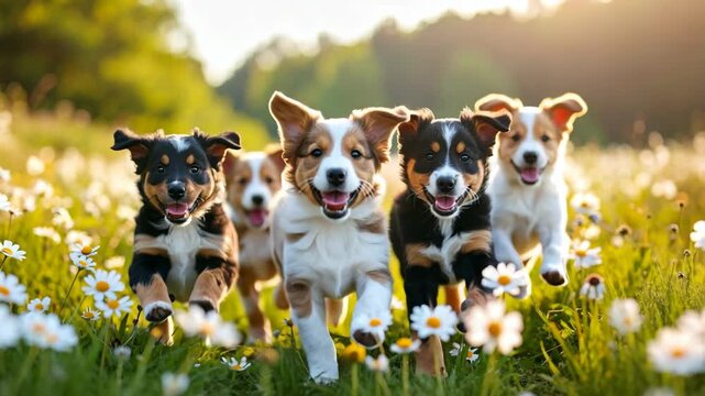 Group of happy puppies running forward through a daisy field in golden sunset light during spring