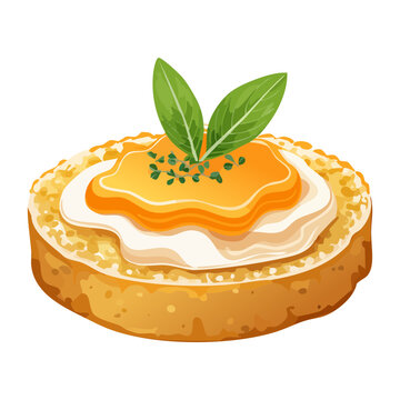 Round biscuit topped with yellow orange spread and green herb leaves for simple and tasty tea time snack - Vector Illustration