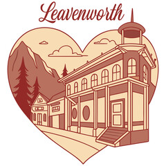 Fototapeta premium Leavenworth Washington Vintage Style Bavarian Village Heart Illustration