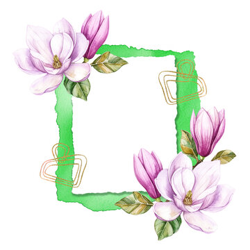 Pink and white magnolia flowers forming a square frame with green leaves and gold accents