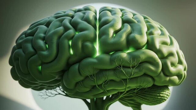 A surreal of a green brain tree growing in a mystical landscape with a glowing moon