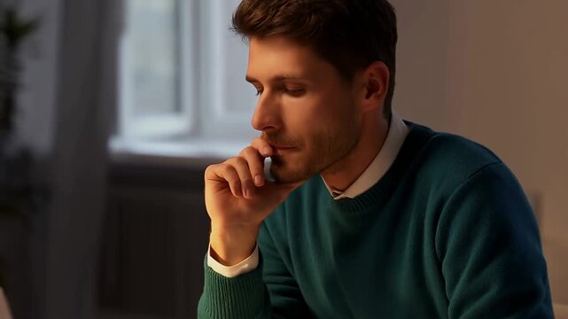 Man thinking about business solutions using laptop and contemplating ideas man thinking contemplation, idea.