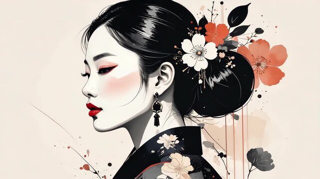 Elegant Japanese woman in traditional kimono with floral hair decoration and red lips side profile illustration