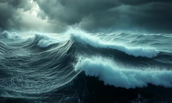 Turbulent ocean waves crash against the shore under a stormy sky with dark clouds and a dramatic seascape view