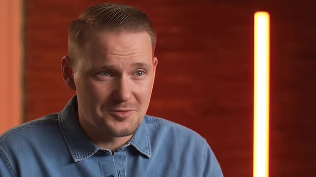 Man in blue shirt talking, indoor interview with vertical light, interview setup, talking head, light.