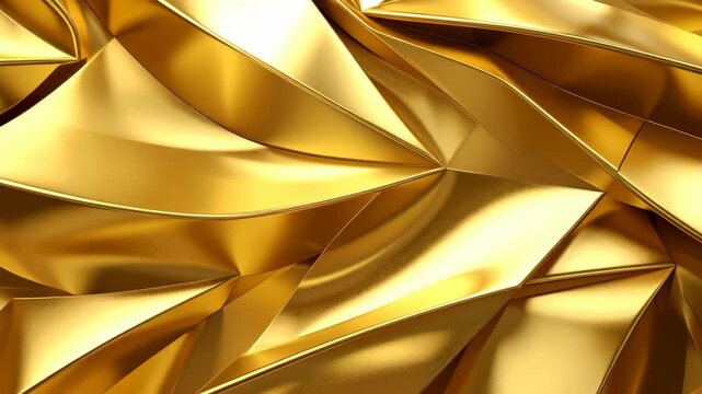 Abstract golden wavy 3D geometric background with reflective metallic surfaces and elegant layered folds