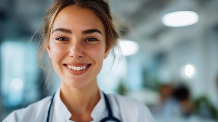 Obraz premium Close up portrait of a smiling female doctor in a white coat directly facing the camera a genuinely warm and reassuring expression the stethoscope in sharp focus around her