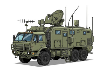 Obraz premium Military truck with satellite communication equipment.