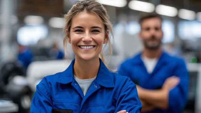 90Smiling female factory worker in blue overalls, arms crossed, professional industrial setting, male colleague operating machine behind her, collaborative production line scene