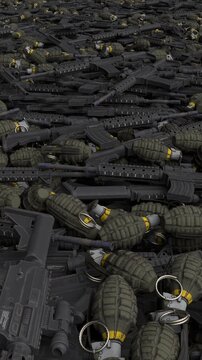 Flying over endless weapon pile - 3d render looped.