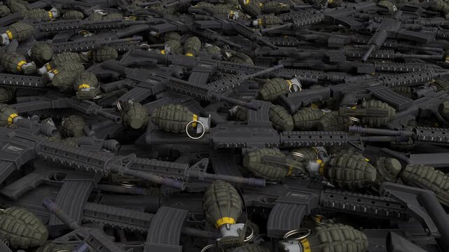 Flying over endless weapon pile - 3d render looped.