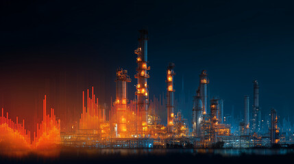 Fototapeta premium oil refinery at night with stock market charts, energy price fluctuations and fuel industry data, industrial economy and global oil trade