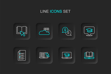 Fototapeta premium Set line Online class, Graduation cap on laptop, quiz, test, survey, speech bubble, Question and Answer, Cloud or online library and book icon. Vector