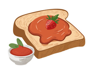 Thick slice of bread with generous strawberry jam and fresh berry garnish for simple sweet snack and bakery design - Vector Illustration © powdesign