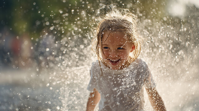 joyful child playing with water splashes in summer, happy little girl laughing in fountain spray, childhood fun and refreshing water play