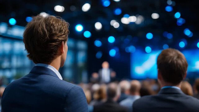 98Professional conference audience watching speaker on stage, corporate managers and sales leaders attending seminar, large presentation visuals and stage lighting, business educatio