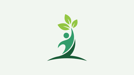 An elegant logo symbolizing growth and environmental awareness, featuring a human figure reaching upwards with green leaves, illustrating sustainability and vitality.
