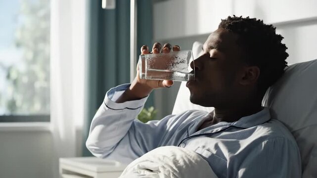Hospitalized african american man drinking water in bed
