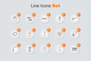 Set line Case or box for fishing equipment, Fishing float, Camping folding chair, Lighthouse, rod, Outboard boat motor, and icon. Vector © Iryna